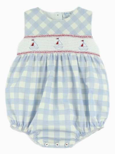 Barboteuse bébé à smocks et broderies de bateaux – Bleu/Blanc