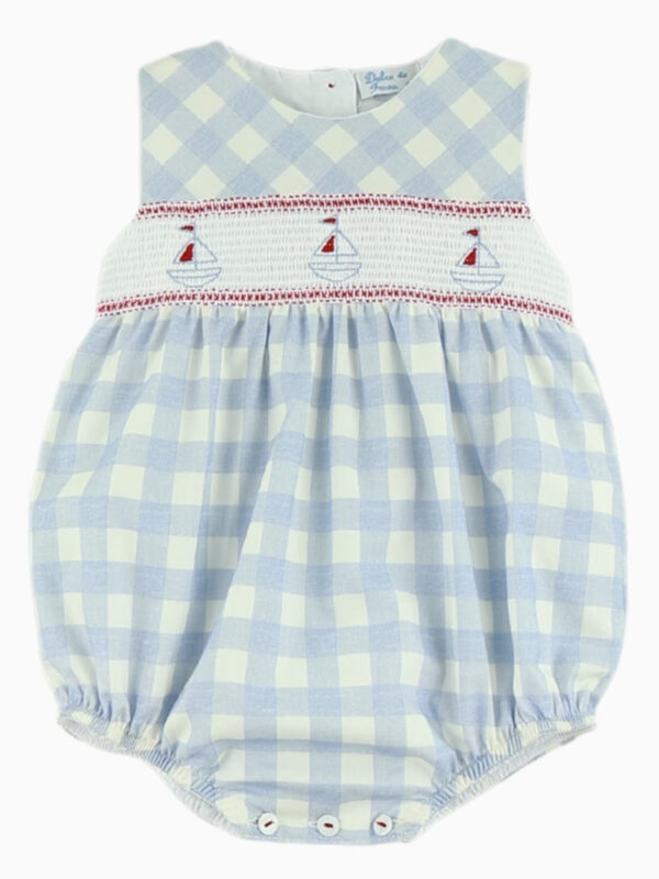 Barboteuse bébé à smocks et broderies de bateaux – Bleu/Blanc