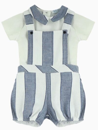 Ensemble bébé garçon bloomer à bretelles et blouse – Bleu/Blanc