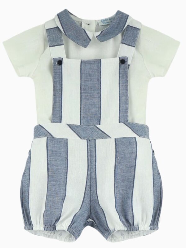 Ensemble bébé garçon bloomer à bretelles et blouse – Bleu/Blanc