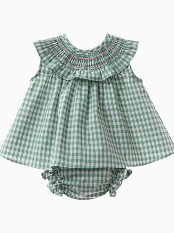 Ensemble robe courte vichy et bloomer assorti – Vert/blanc