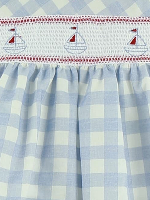 Robe à smocks et broderies de bateaux avec bloomer assorti – Bleu/Blanc