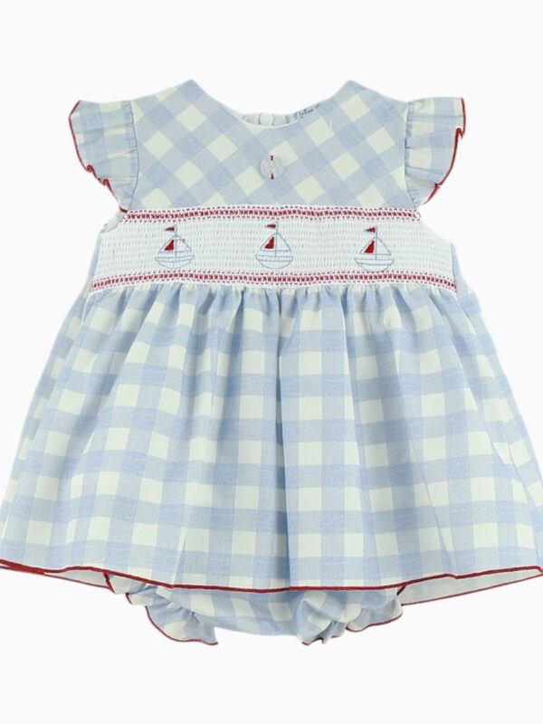 Robe à smocks et broderies de bateaux avec bloomer assorti – Bleu/Blanc