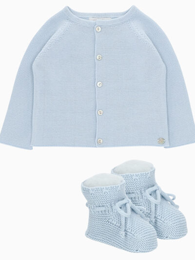 Conjunto de nacimiento para bebé: cárdigan y patucos de algodón – Azul cielo