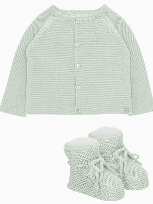 Set naissance bébé cardigan et chaussons en coton – Vert Pâle