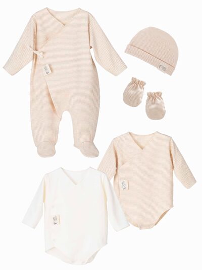 Organic cotton baby newborn set – Pajamas, bodysuits, hat, and mittens – Striped sand
