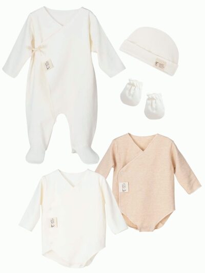 Organic Cotton Newborn Set – Pajamas, Bodysuits, Hat, and Mittens – Cream