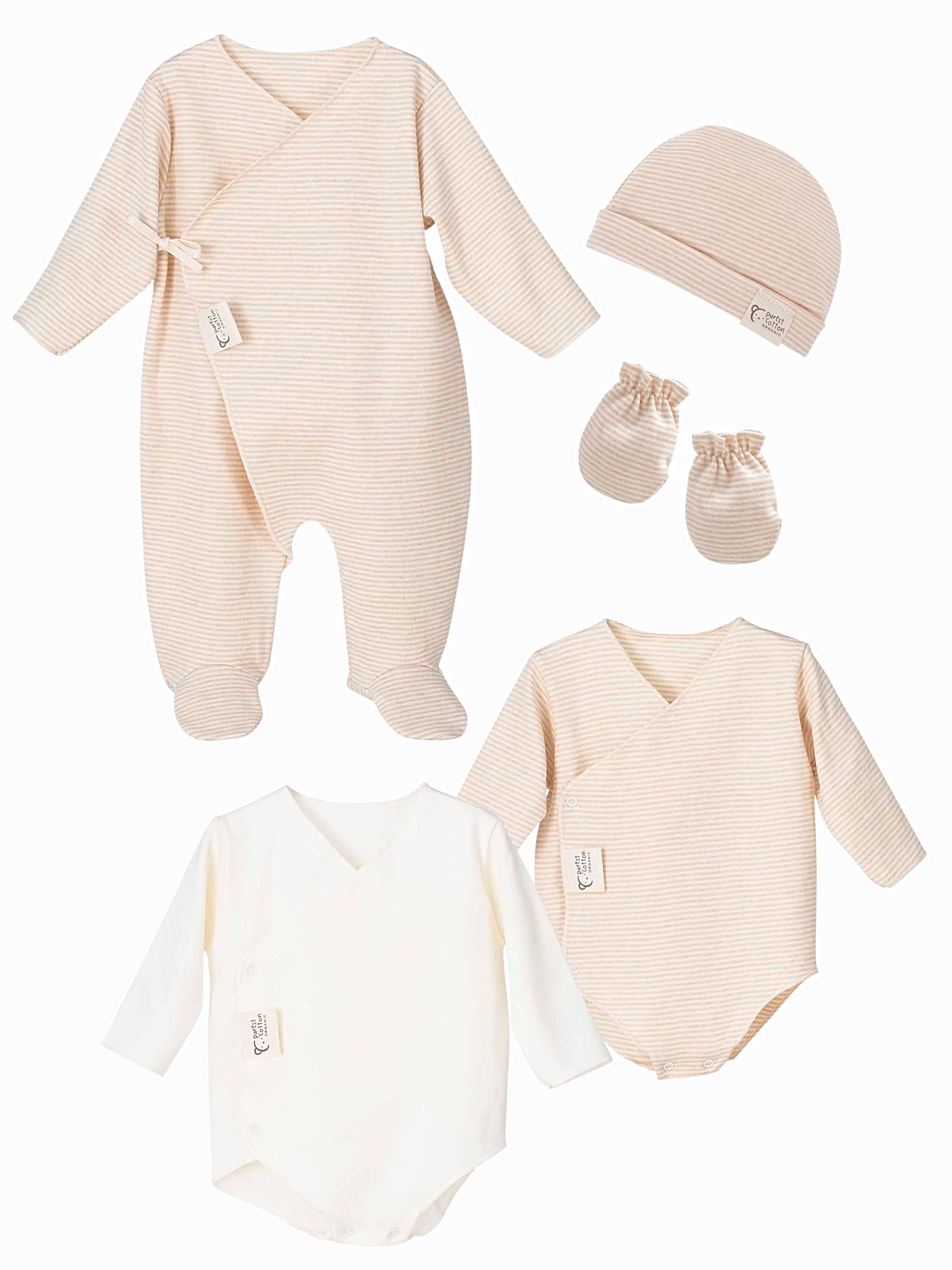 Set naissance bébé coton bio – Pyjama, bodies, bonnet et moufles - Sable rayé