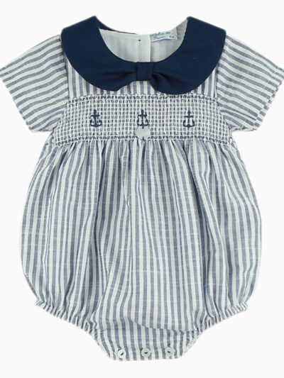Barboteuse bébé à smocks et motif ancre marine – Bleu marine/blanc