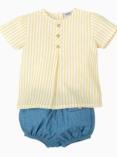 Conjunto bebé niño blusa de rayas y bloomer denim – Amarillo/azul