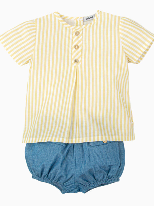 Conjunto bebé niño blusa de rayas y bloomer denim – Amarillo/azul