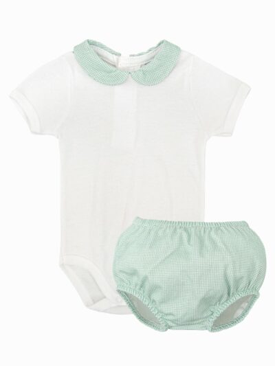 Conjunto de body con cuello de cuadros pequeños y bombacho a juego – Verde/blanco