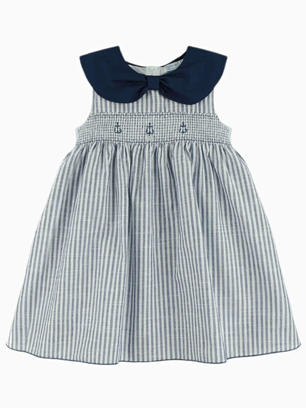 Vestitino a righe con smock e motivo ancora marina – Blu navy/bianco