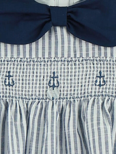 Conjunto vestido corto bebé con nidos de abeja y braguita a juego – Azul marino/blanco