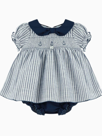 Conjunto vestido corto bebé con nidos de abeja y braguita a juego – Azul marino/blanco