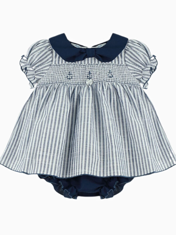 Completo abito corto neonata a punto smock e bloomer coordinato – Blu navy/bianco