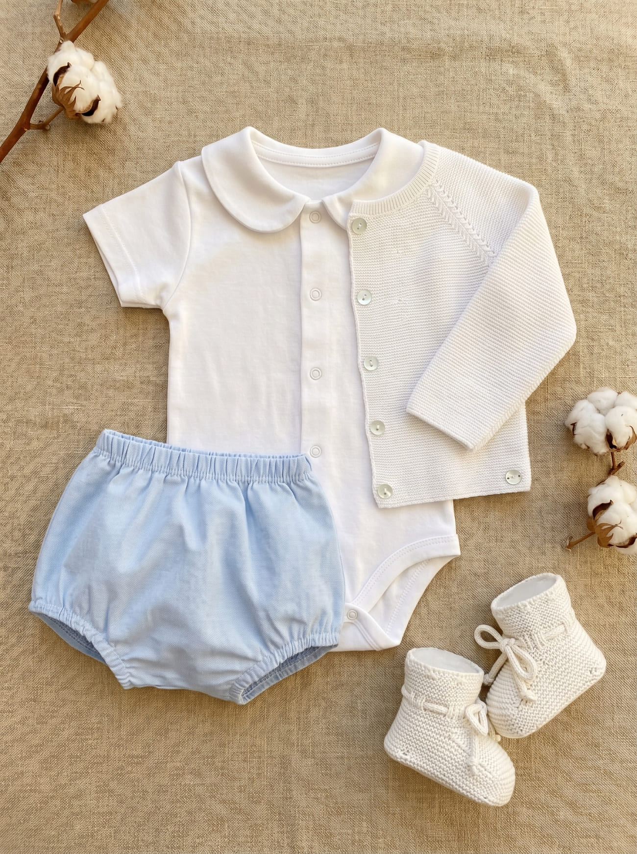 Tenue bébé garçon avec body blanc, cardigan écru et bloomer bleu ciel