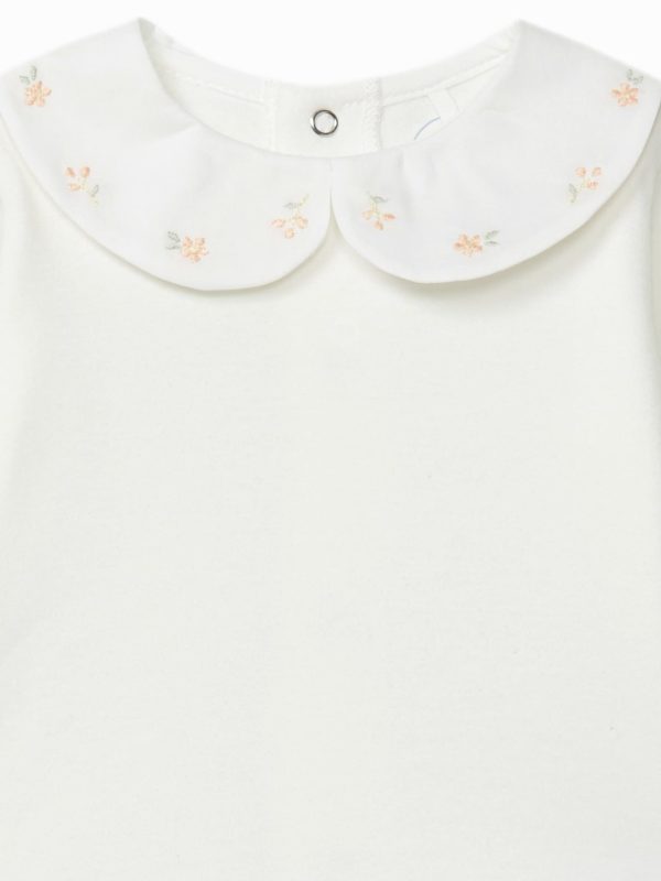 Body bébé fille à col rond et fleurs brodées - Blanc