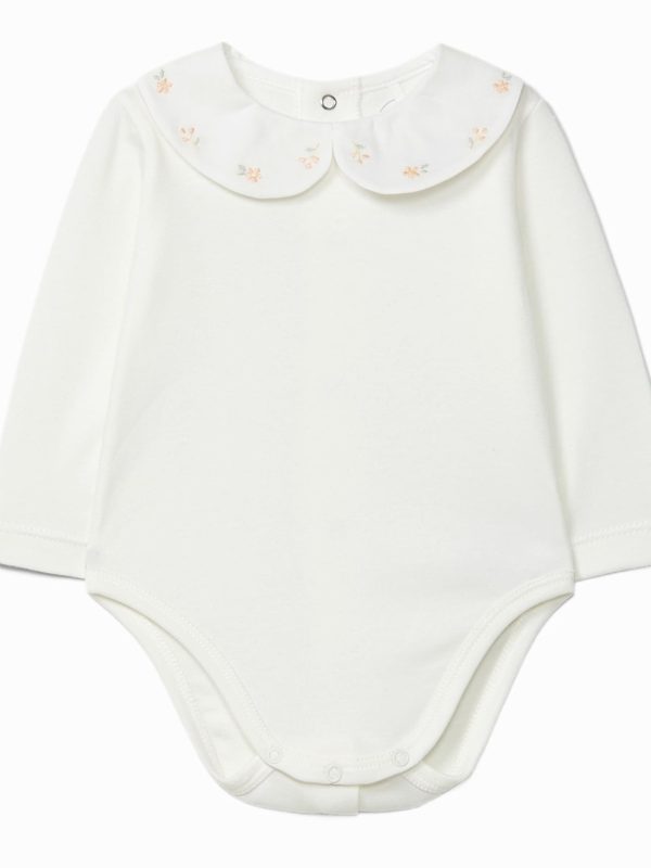 Body bébé fille à col rond et fleurs brodées - Blanc