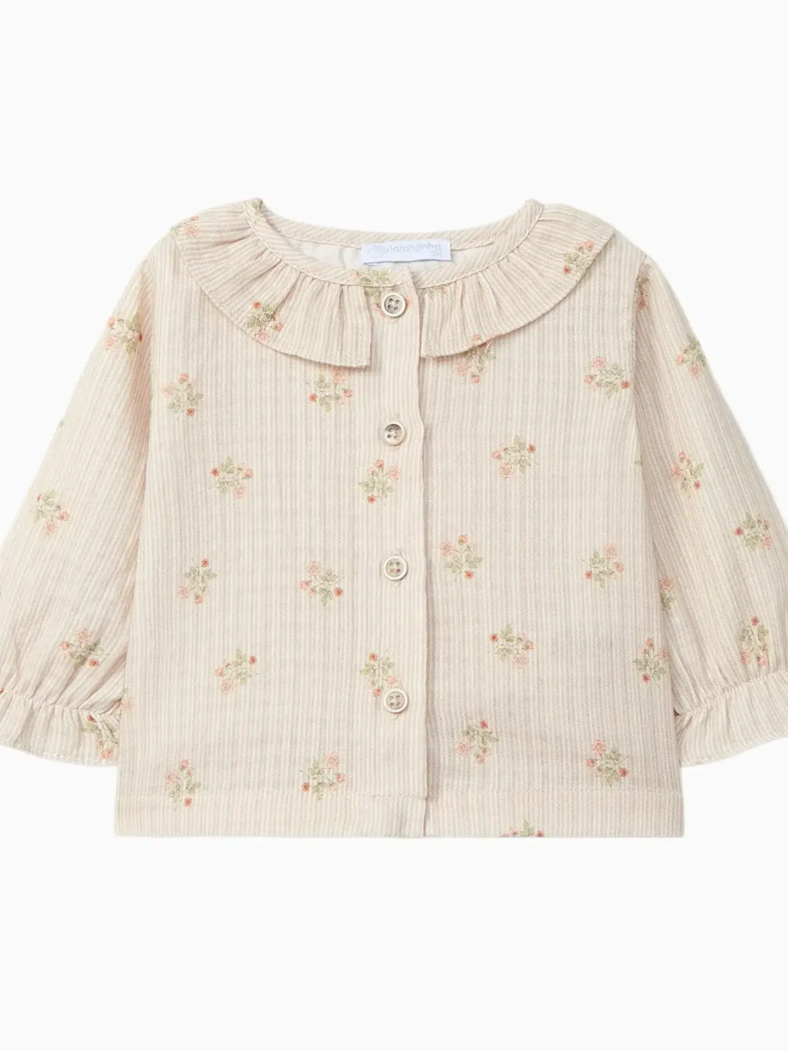 Blouse fille à motif fleuri et col volanté - Beige