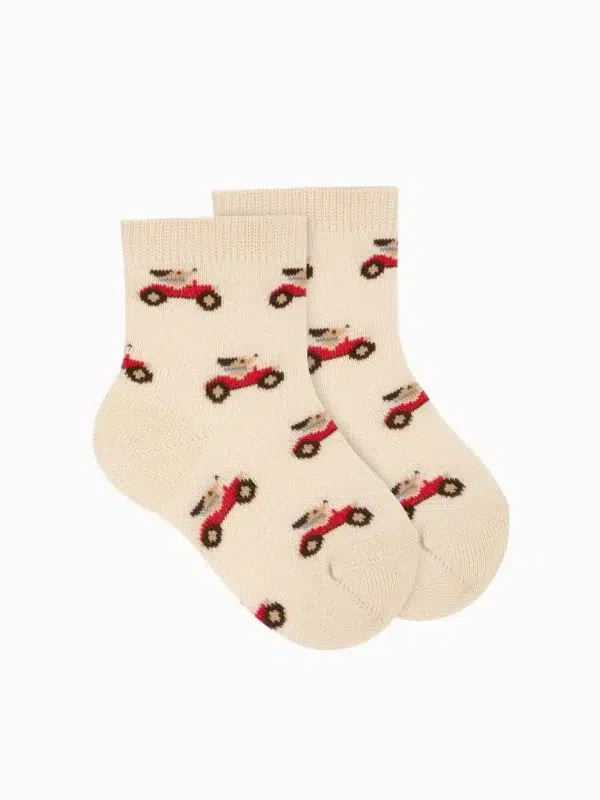 Chaussettes bébé garçon motif voitures - Crème