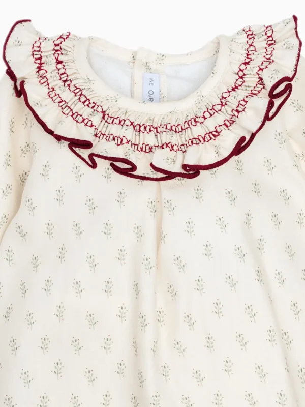 Ensemble bébé fille blouse à col smocké et bloomer assorti – Écru/bordeaux