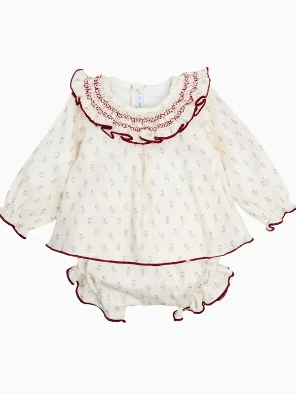 Ensemble bébé fille blouse à col smocké et bloomer assorti – Écru/bordeaux