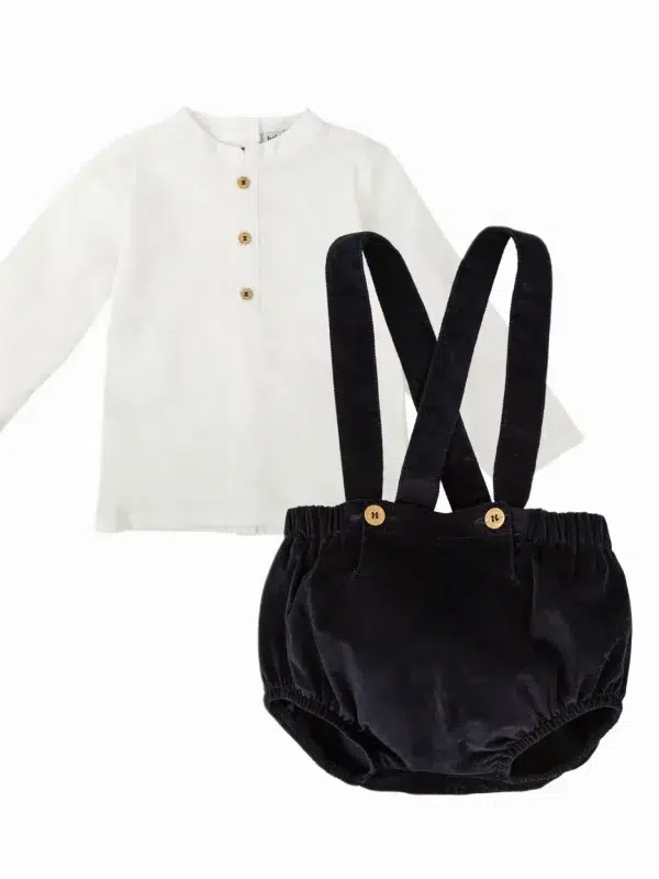 Baby Boy Navy Velvet Blouse and Suspender Bloomer Set