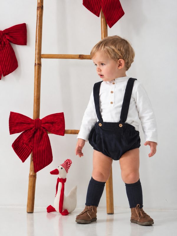 Baby Boy Navy Velvet Blouse and Suspender Bloomer Set
