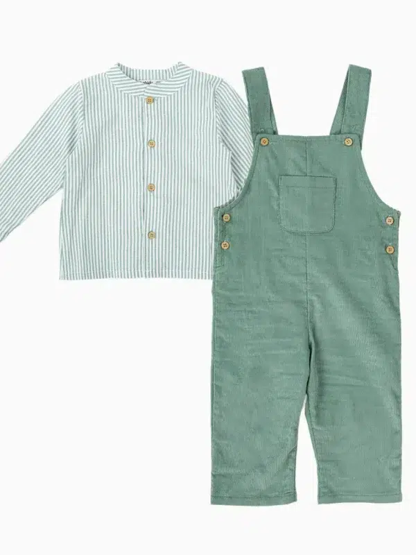 Completo bambino salopette e camicia a righe - Verde