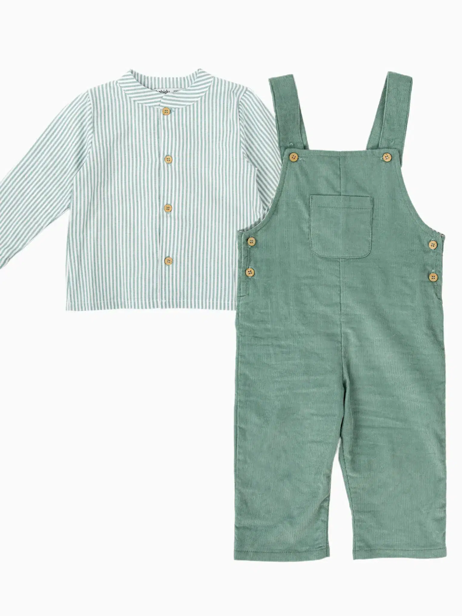 Completo bambino salopette e camicia a righe - Verde - immagine 2
