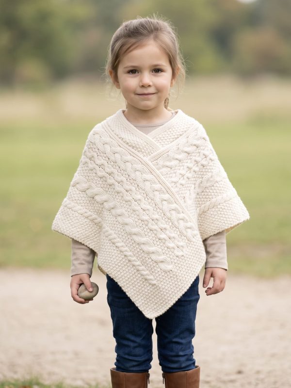 Poncho bambino a trecce in lana merino - Ecrù