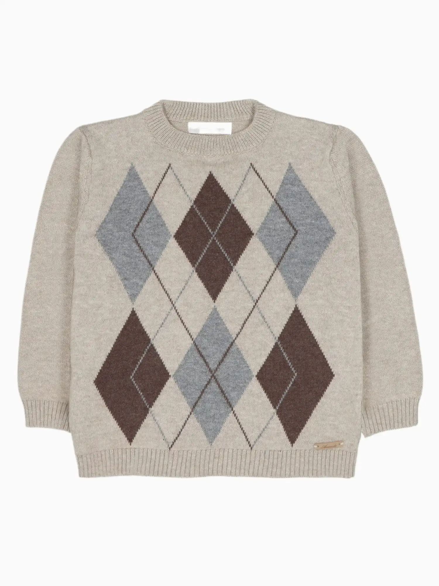 Pull garçon beige chiné en maille à motif de losanges