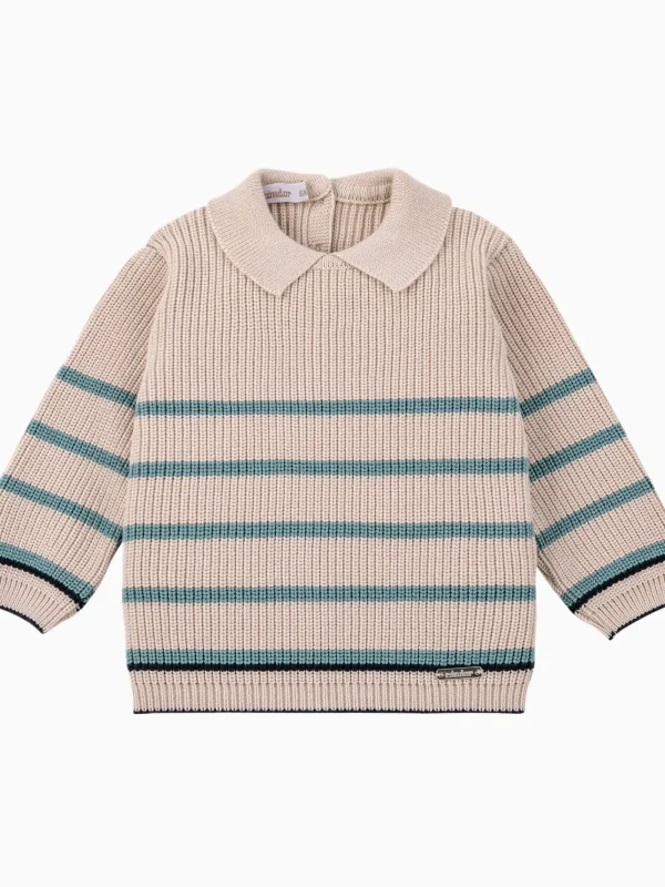 Pull garçon à col polo et rayures - Beige