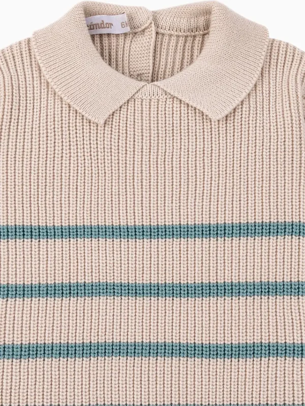 Pull garçon à col polo et rayures - Beige