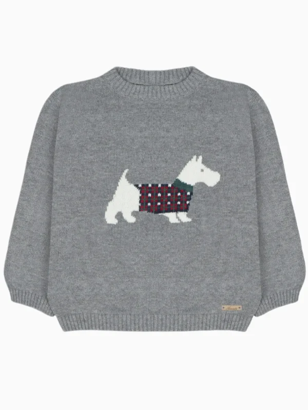 Pull en maille gris à motif chien portant un manteau écossais