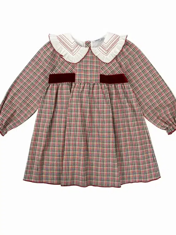Robe fille écossaise à col volanté brodé - Bordeaux