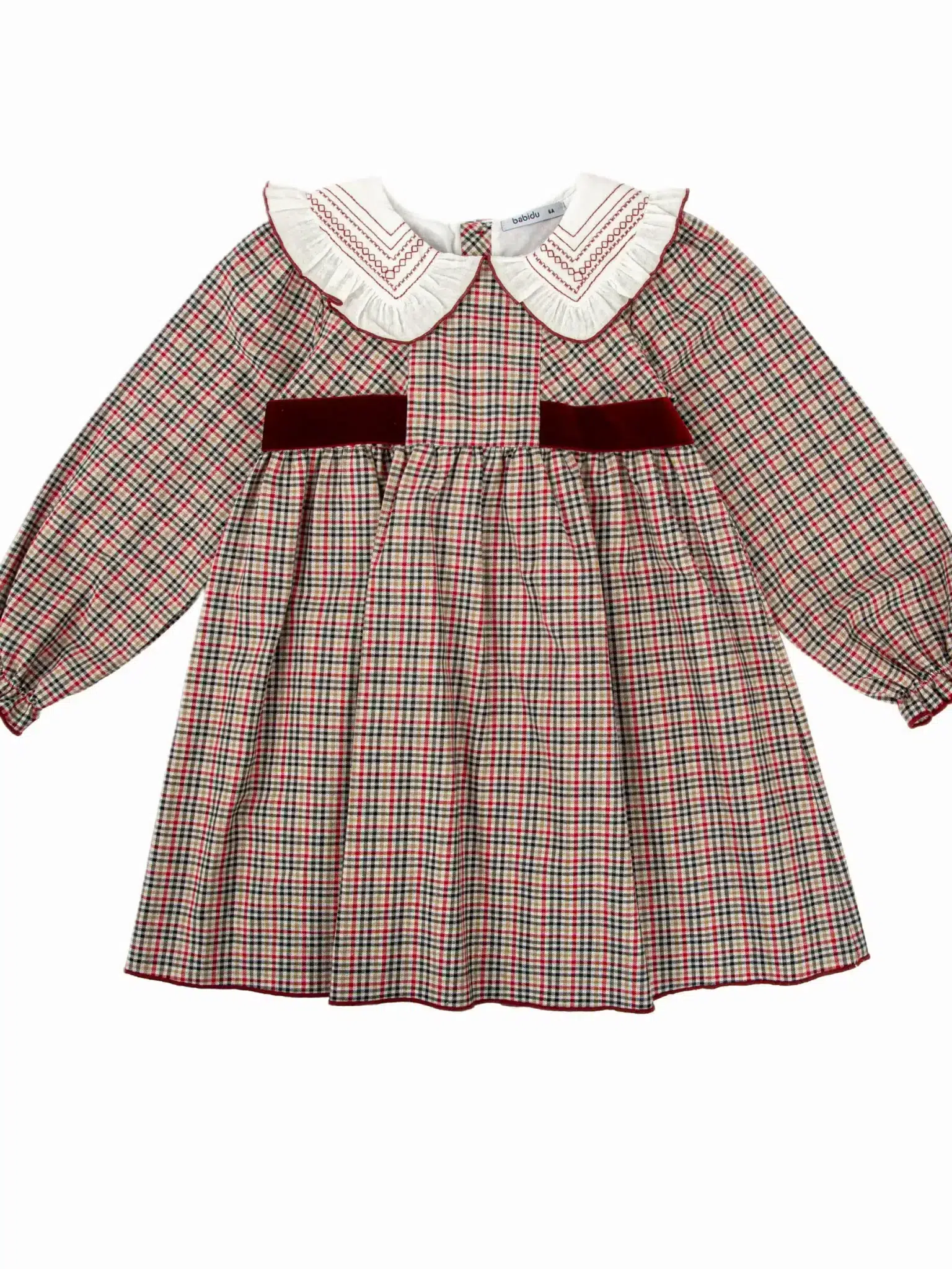 Robe fille écossaise à col volanté brodé - Bordeaux