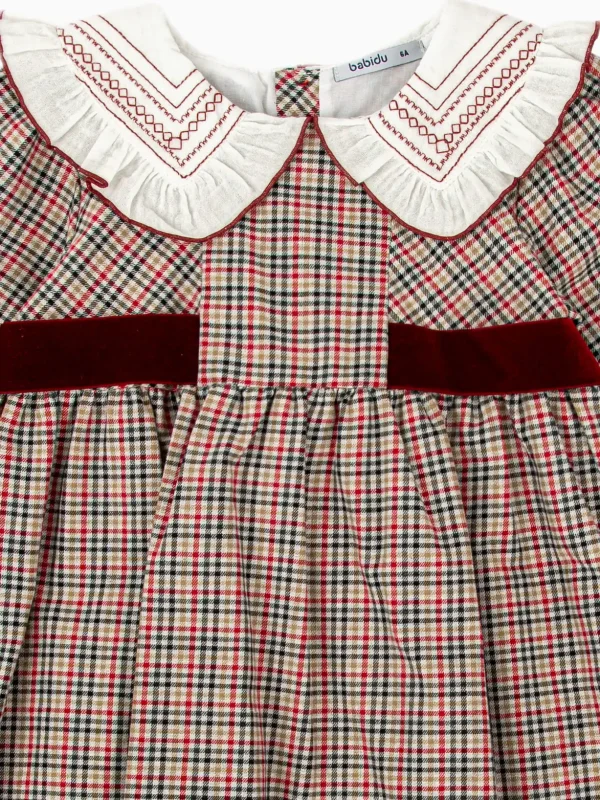Robe fille écossaise à col volanté brodé - Bordeaux