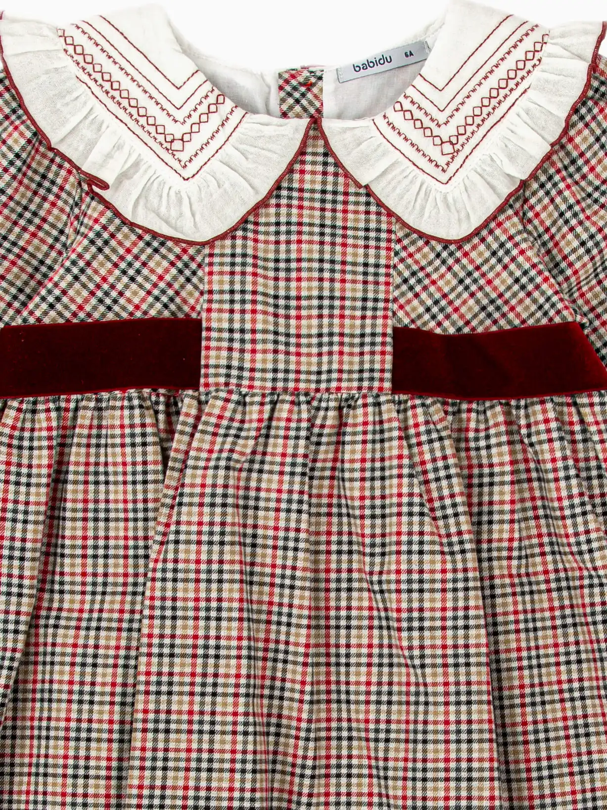 Robe fille écossaise à col volanté brodé - Bordeaux – Image 2