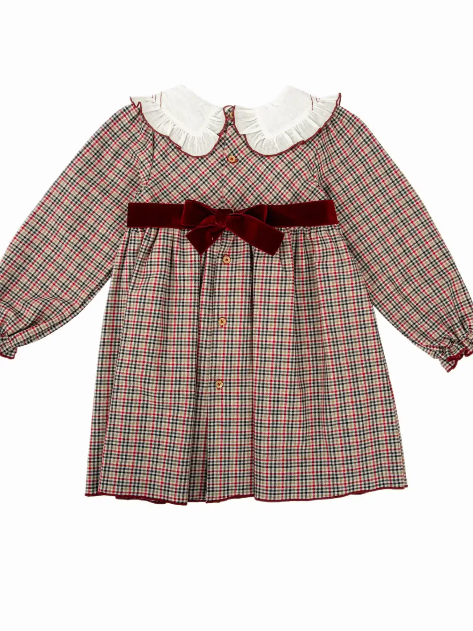 Robe fille écossaise à col volanté brodé - Bordeaux – Image 3