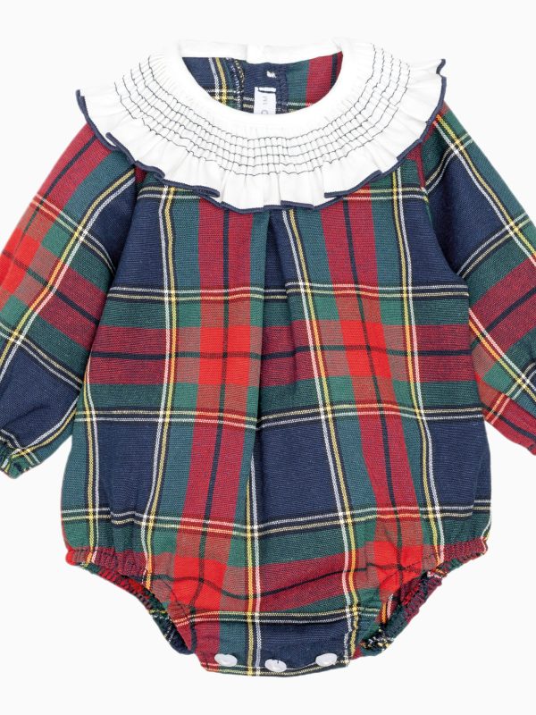 Barboteuse bébé écossaise à col smocké - Marine
