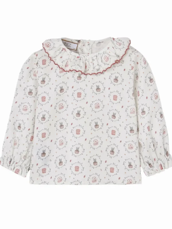 Blouse bébé fille à collerette festonnée imprimé champêtre – Écru
