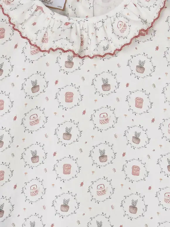 Blouse bébé fille à collerette festonnée imprimé champêtre – Écru