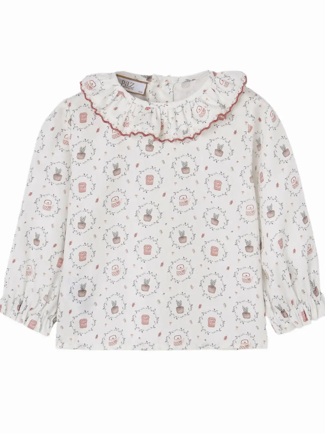 Blouse bébé fille à collerette festonnée imprimé champêtre – Écru