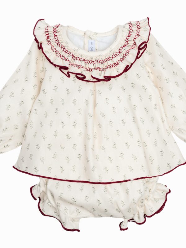 Completo bambina camicetta con colletto smock e bloomer abbinato – Ecrù/bordeaux
