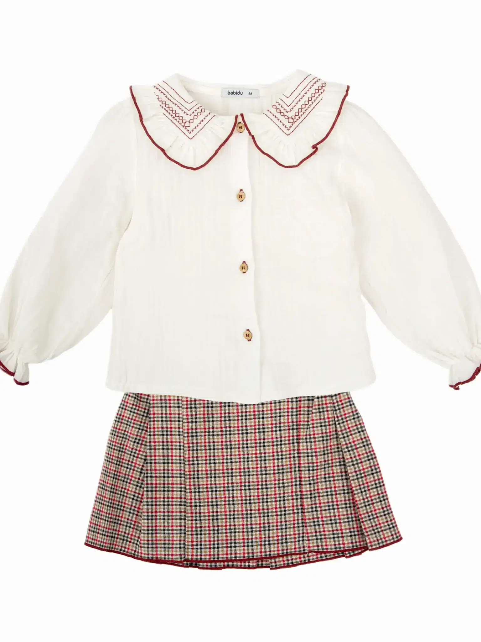 Ensemble fille blouse à col brodé et jupe écossaise - Bordeaux – Image 4