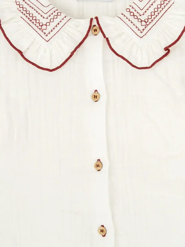 Ensemble fille blouse à col brodé et jupe écossaise - Bordeaux