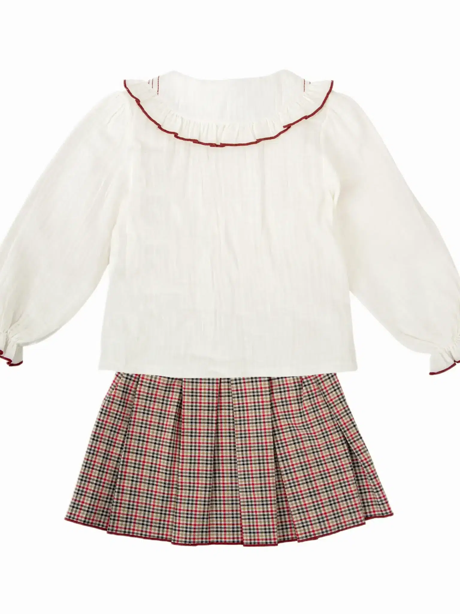 Ensemble fille blouse à col brodé et jupe écossaise - Bordeaux – Image 5