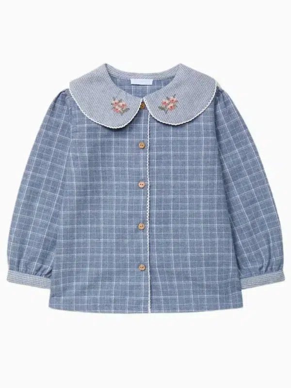 Chemise fille à carreaux et micro-vichy - Bleu
